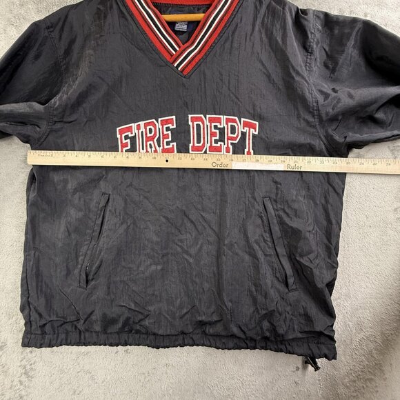Fire Dept Pullover Jacket Mens Medium Black V Neck Windbreaker Lined Embroidered - Picture 9 of 16